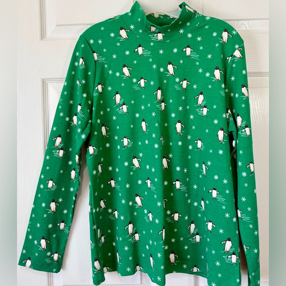 Vintage 90s Karen Scott Green Penguin Christmas Turtle Neck Top Large